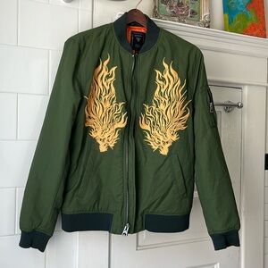 Guess men’s large embroidered flame bomber jacket
